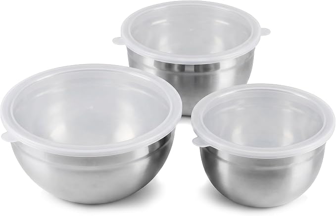 OVENTE Mixing Bowl Set with Lids, 3-Piece Stainless Steel Nesting Bowls for Easy Food Storage, Stackable Design, Kitchen Essential for Baking, Cooking and Prepping, Size 5, 3.5, 1.5QT, Silver BM46333S