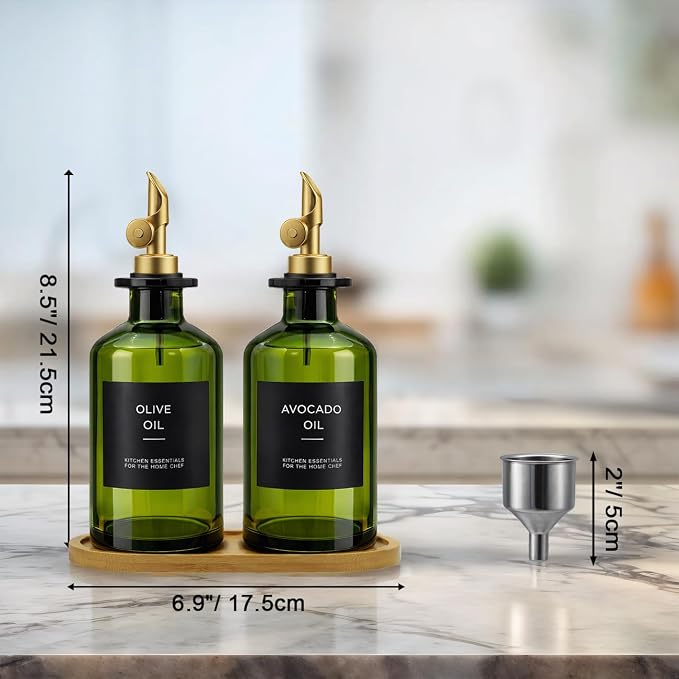 Olive Oil Dispenser Set, 2 x 11.8oz Deep Green Glass Bottles with Auto-Flip Spouts & 2 Capped Spare Spouts, Bamboo Tray, Oil & Vinegar Cruet (Green)