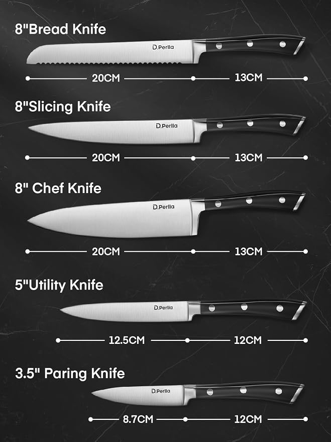 Knife Set, D.Perlla 6 Pieces Small Kitchen Knife Set with Block, German Stainless Steel Knives Set, Sharp Chef Knife Block Set, Black