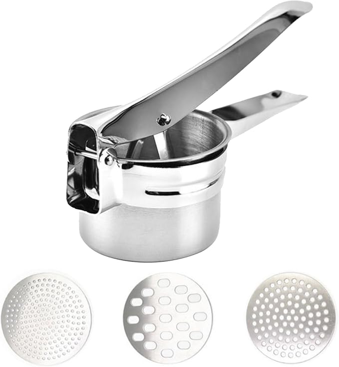 Large 14.78oz Potato Ricer, Stainless Steel Potato Masher Press with 3 Interchangeable Mesh Plates, Mashed Potatoes Masher Press Kitchen Gadget for Bab-y Food & Vegetable Puree(COLOR:Silver)