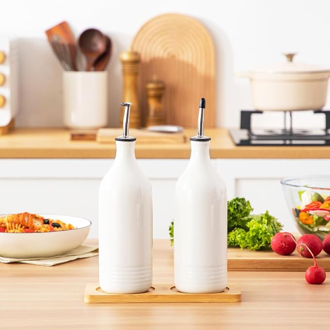vancasso 20 Oz Ceramic Olive Oil Dispenser Bottle, Bottle Dispenser with Spout and Funnel for Kitchen,Suitable for Oil, Vinegar, Coffee Syrups & Other Liquids, White