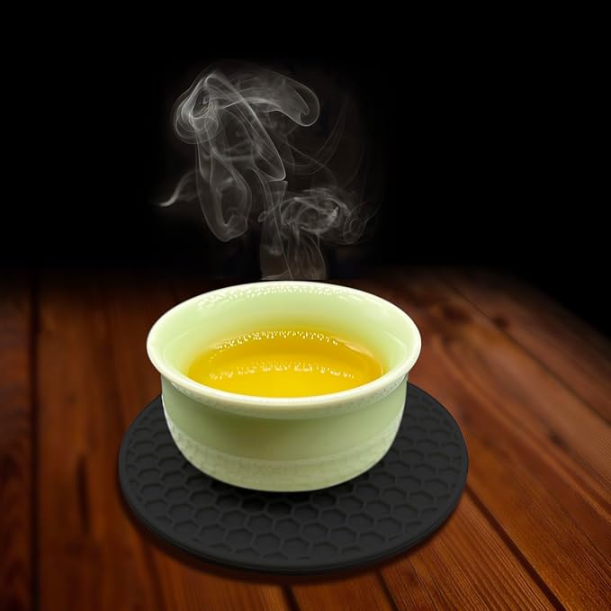 Silicone Non-Slip, Heat Resistant & Water-Trapping Trivet Mats for Water Glasses & Teacup & Coffee Cup & Dishes & Cookware, Multipurpose Kitchen Table Coaster, 3.5-Inch, Black