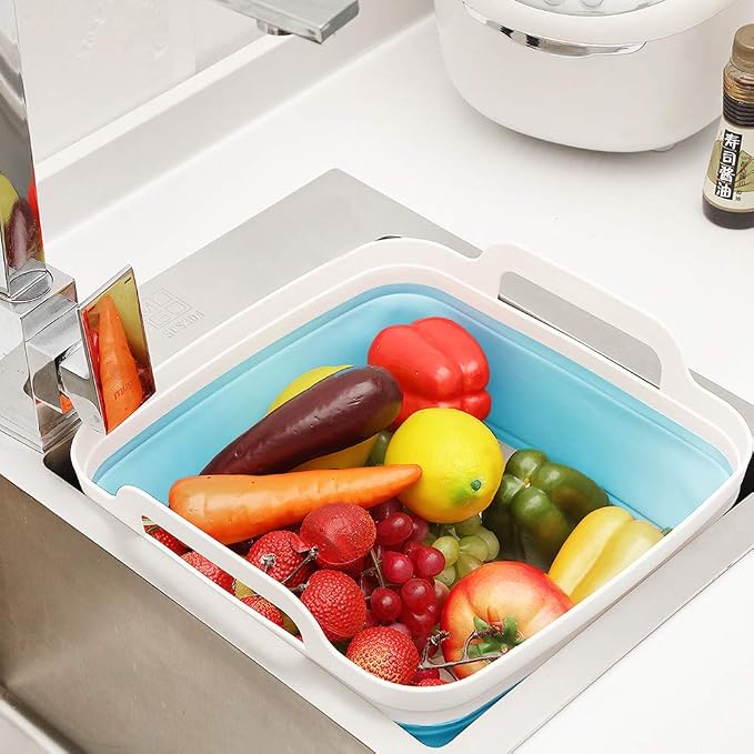ddLUCK Dish Basin Collapsible with Drain Plug Carry Handles for 9L large Capacity, Washing Basin, Collapsible Dish Tub For RV Sink, Vegetable, Fruit, Food Sink Strainer Dish Washing Tub - Blue