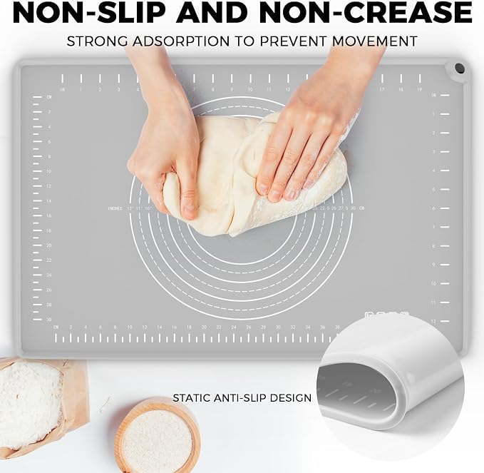 Silicone Baking Mat 32" x 24", Extra Thick Dough Rolling Mat with Measurements and Edge Heightening, Non-stick Food Grade Silicone Pastry Mat for for Pastry, Bread, Cookies, Pizza, Fondant, Pasta