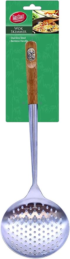 Tablecraft 32410 Wok Spoon with Bamboo Handle, 16", Brown and Tablecraft 32409 Wok Skimmer with Bamboo Handle, 15", Brown - Wok Skimmer & Wok Spoon
