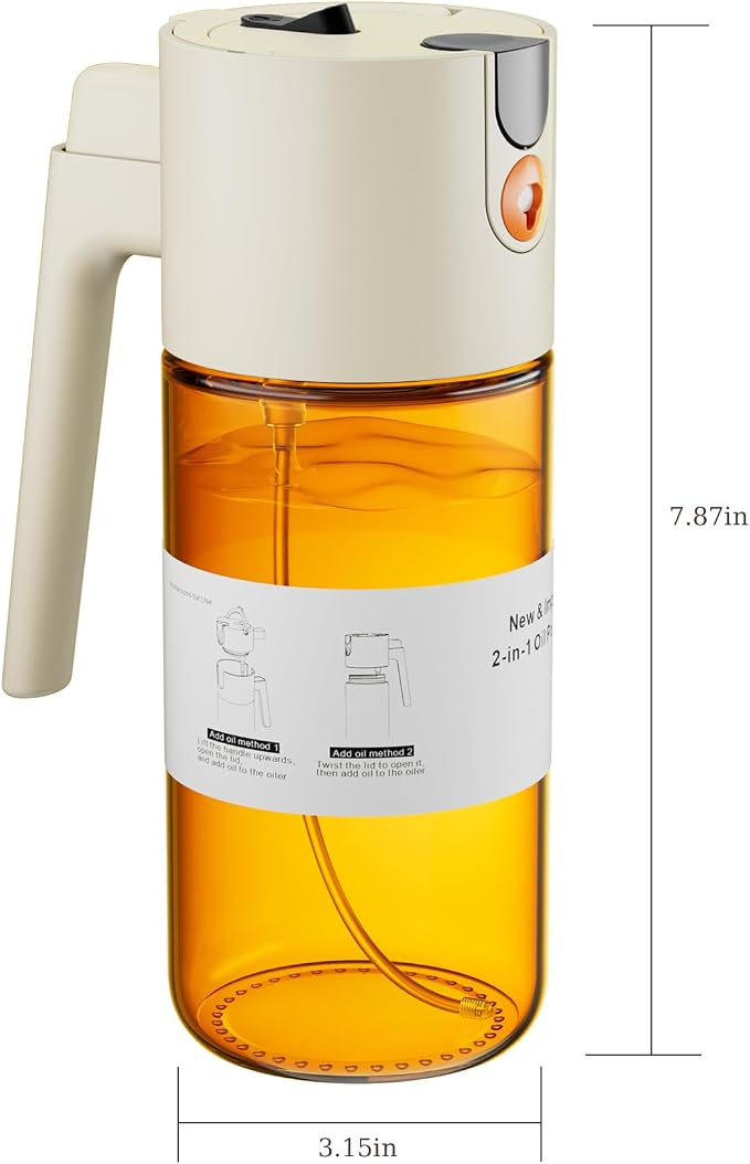 LAKUMIQI 2 in 1 Oil Sprayer for Cooking, 17oz | Light-Blocking Glass Spray Bottle with Stickers, Oil Dispenser for Salad, Air Fryer & BBQ
