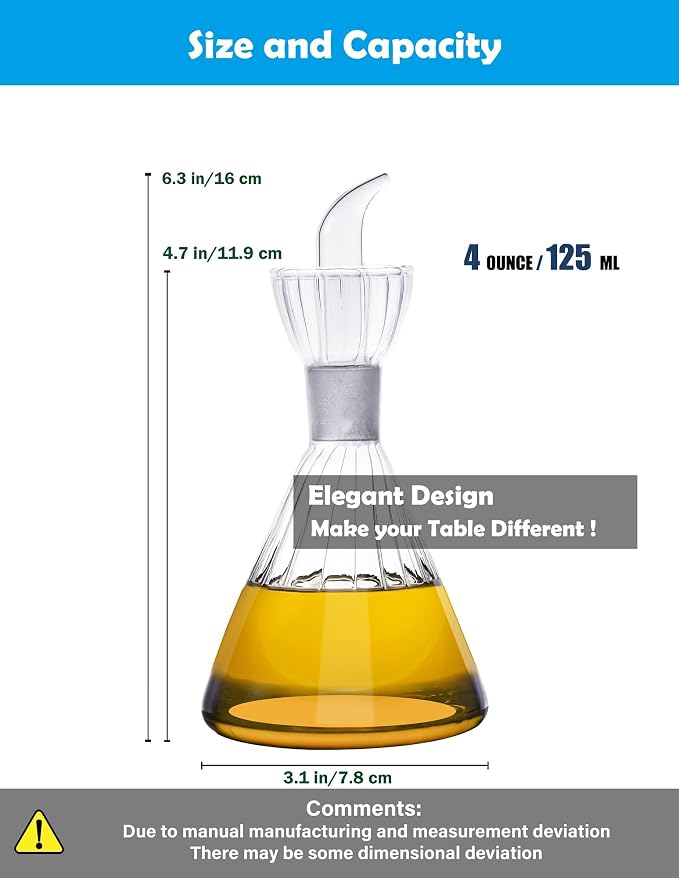 4 oz/125 ml Clear Glass Olive Oil Dispenser Bottle - Oil & Vinegar Cruet with Pourers and NO Funnel Needed - Olive Oil Carafe Decanter for Kitchen and BBQ Olive Oil Dispenser Bottle