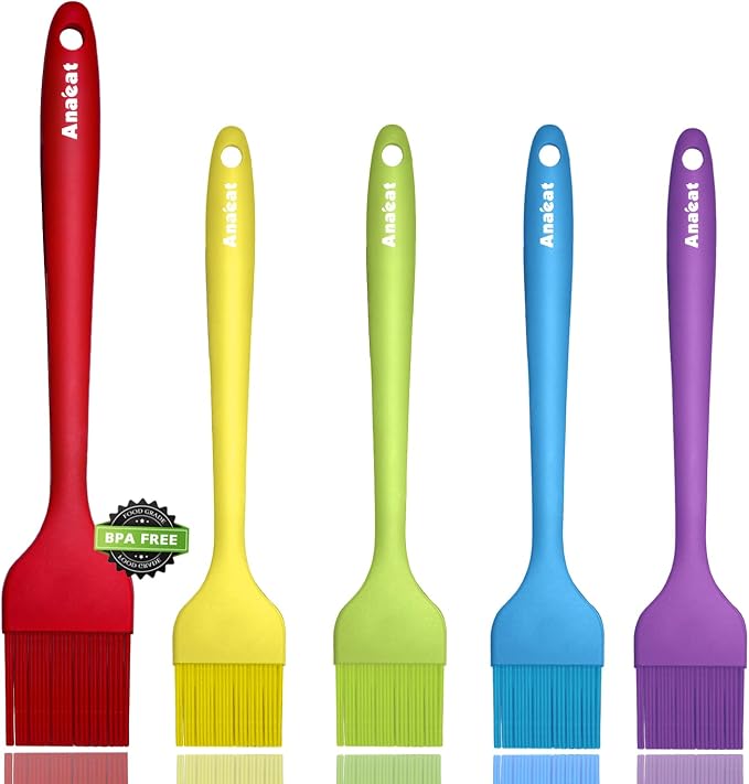Anaeat 5 Pack Silicone Basting Pastry Brushes - Heat Resistant One-Piece Design with Soft Bristles, Hygienic Marinade Brush for Baking BBQ Grill, Spreading Oil Butter Sauce (Multicolor)