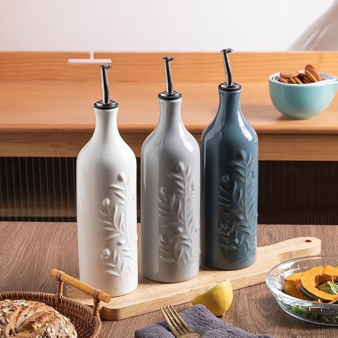 Sweejar Large Olive Oil Dispenser Bottle, 24 Oz Ceramic, Modern Relief Design, Dishwasher Safe, White