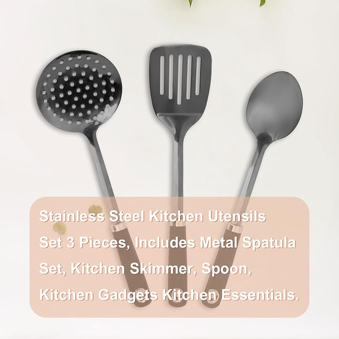 Black 3 Piece Stainless Steel Cooking Utensils Set, Metal Slotted Spoon, Slotted Turner Spatula and Skimmer Set for Frying, Serving, Dishwasher Safe
