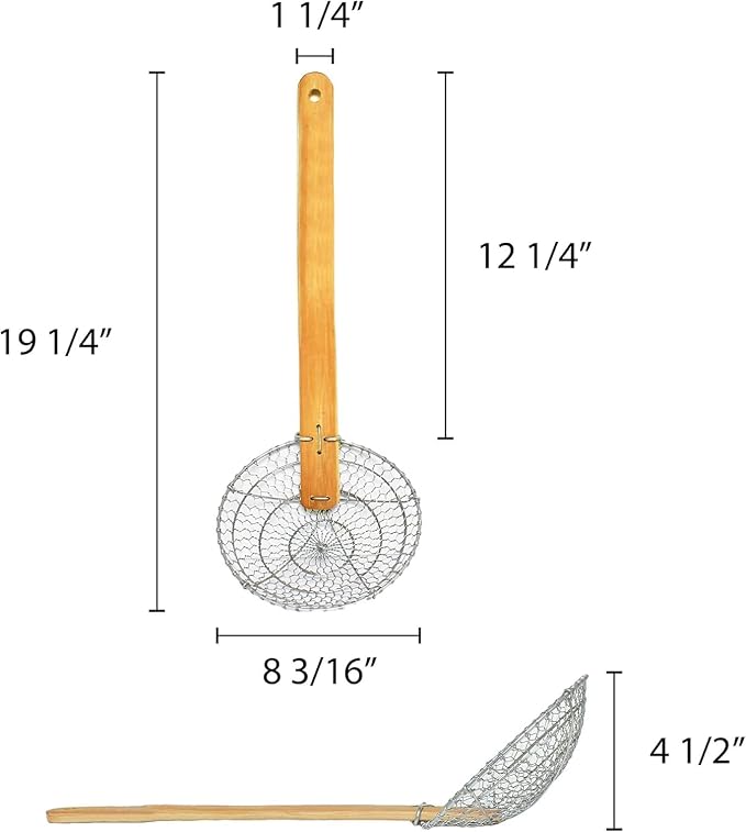 TrueCraftware- 8” Coarse Mesh Skimmer Galvanized Steel with Natural Bamboo Handle- Spider Strainer Ladle Kitchen Frying Food Pasta Spaghetti for Cooking and Frying Pasta Strainer Spoon