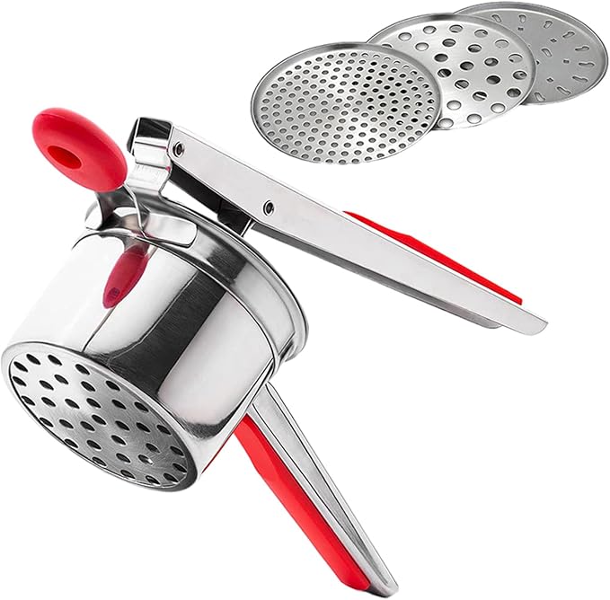 Potato Ricer,Stainless Steel Potato Masher with 3 Interchangeable Discs,Ricer for Mashed Potatoes,Mashed PotatoMasher for Commercial Home Use,Potatoes Press Kitchen Gadget,Red