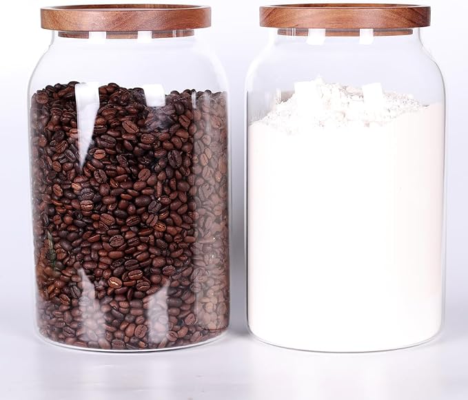 SAIOOL 1 Gallon Glass Jar with Wooden Acacia Airtight Lid, Set of 2