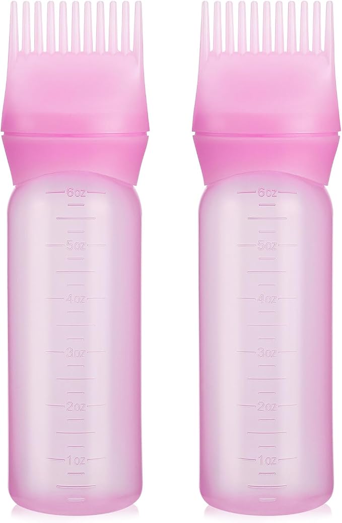 Pimoys 2Pcs 6Oz Root Comb Hair Dye Oil Applicator Bottles For Scalp, Pink | Plastic Squeeze Bottle Dispenser with Graduated Scale, Comb Tip Applicator For Hair Coloring Scalp Oiling, Home Salon Use