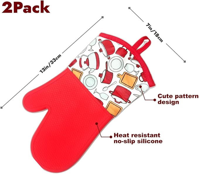 LYART Heat Resistant Silicone Oven Gloves, Non-Slip Oven Mitts with Cotton Lining, Pot Holders and Hot Pads for Kitchen Baking Cooking BBQ (Red, 1 Pair)