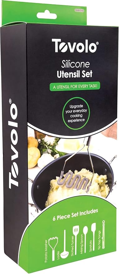 Tovolo Silicone Cooking Utensil Set of 6 Stainless Steel Handle Ladle Slotted Turner Tongs Flex Core Spatula Scraper Mixing Spoon & Potato Masher, Dishwasher Safe BPA Free Utensils, Oyster Gray