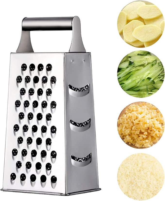 Handheld Cheese Grater Box for Kitchen, Stainless Steel 4 Sided Cheese Grater with Handle for Grinding Shredding & Slicing, Dishwasher Safe (Silver)