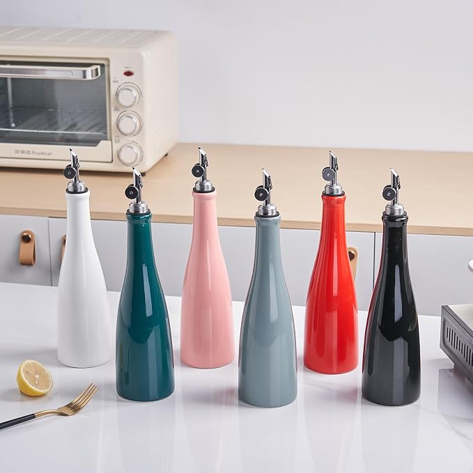 YOLIFE Olive Oil Dispenser Bottle, 17oz/500ml Ceramic Oil Bottle (Black) | Oil Dispenser with Gravity Spout, Leak Proof EVOO Dispensing Bottle with 2 Spouts and 1 Funnel for Vinegar, Kitchen