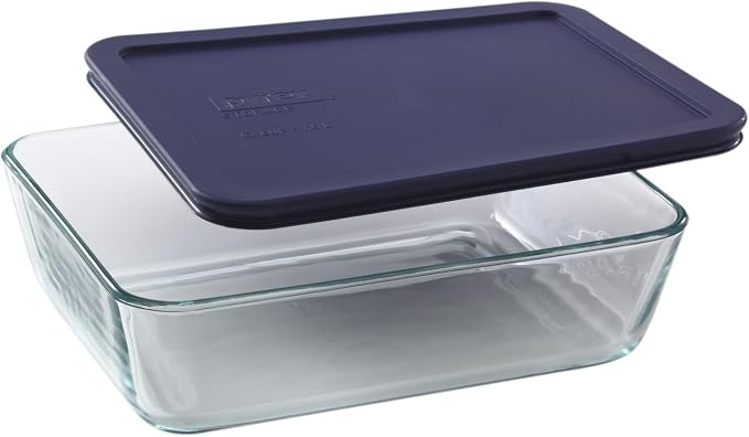 Pyrex 7211 6-Cup Glass Dish & 7211-PC Dark Blue Lids (4-Pack) - Made in USA | Top-Rack Dishwasher Safe | Freezer Safe | Non-Porous Surface | Tight-Sealing Flexible Plastic Covers