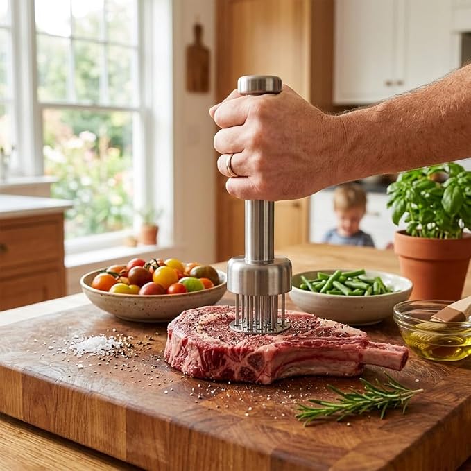 Stainless Steel Meat Tenderizer Tool with 21 Sharp Needles โ Blade Tenderizer for Chicken, Beef, Steak โ Heavy Duty Meat Pounder Hammer, Easy Grip Kitchen Gadget for Cooking & Chef Tools