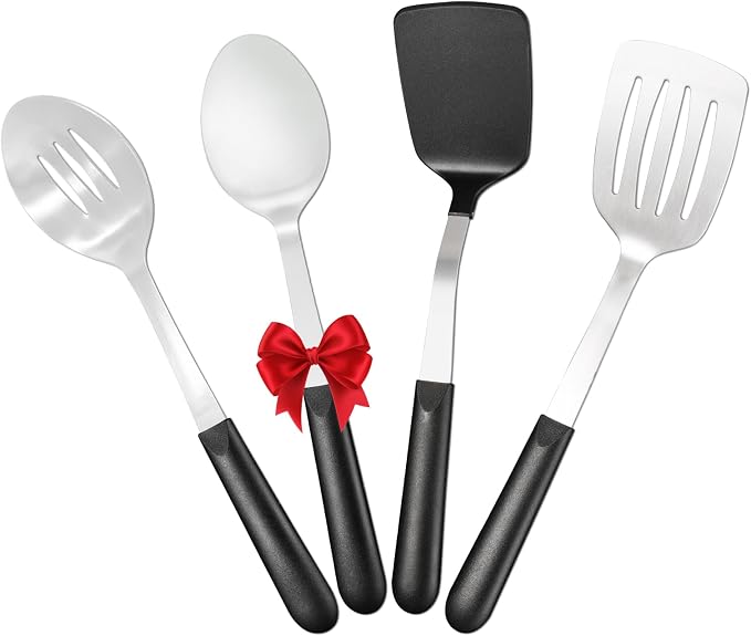 4 Pcs Cooking Utensils Set, Stainless Steel Kitchen Utensils, Heat Resistant Metal Kitchen Tools Include Solid, Slotted Turner, Serving Spoon, Non-Stick Wok Spatula, Dishwasher Safe, Silver