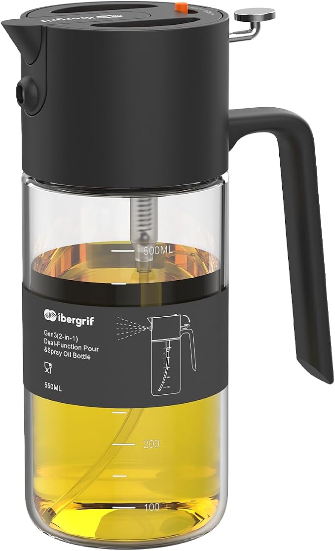 Ibergrif 2‑in‑1 Oil Sprayer & Dispenser Bottle 500ml - Toggle Spray/Pour, 0.5g Mist, Leakproof for Air Fryer, BBQ, Roasting, Black