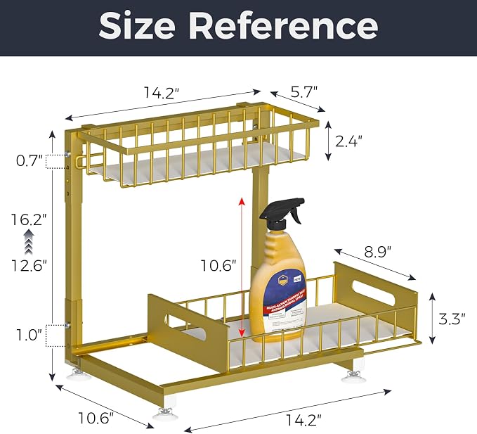 L-Shaped Under Sink Organizer, 2-Tier Pull-out Cabinet Rack 1-Pack | Gold Height-Adjustable Steel Rack, Sliding Grid Drawers with PP Liners, Holds 100 Lbs, Suction Base, Ideal Kitchen Storage