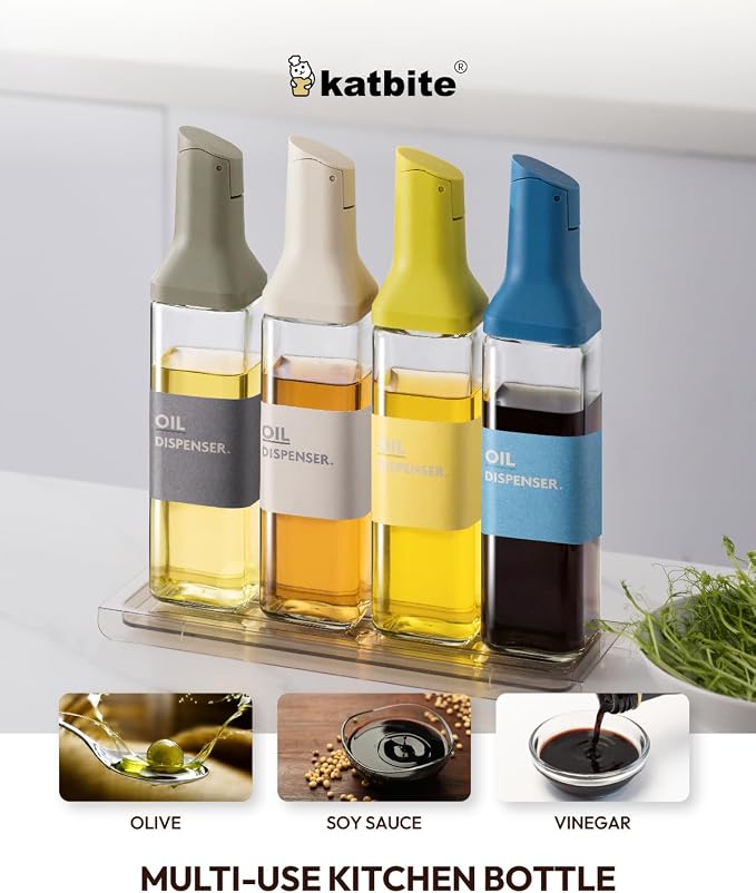 katbite 16oz Glass Olive Oil Dispenser Bottle for Kitchen Cooking - Leakproof Kitchen Essential with Precise Pouring Spout for Salad, Air Fryer, BBQ, Non-Stick Pans, Easy Refill and Use, Light Grey