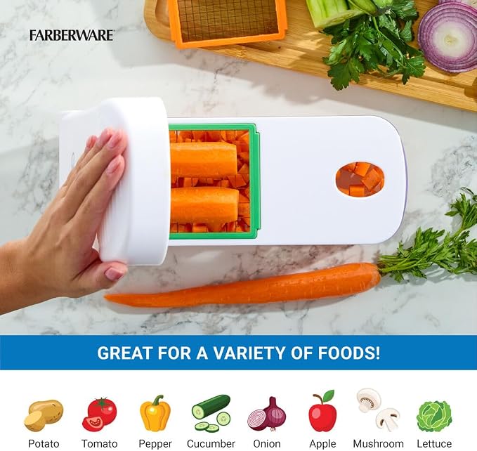Farberware Professional Large Vegetable Chopper with 3 Interchangeable Blades - Manual Onion Chopper, Food Dicer for Potatoes, Tomatoes, Peppers, Garlic - Stainless Steel, Dishwasher Safe