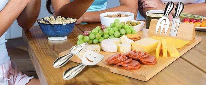 Stainless Steel 4 Pieces Smiling Faces Cheese Knife Set: Hard and Soft Cheese Knives, Serving Fork & Cheese Spreader