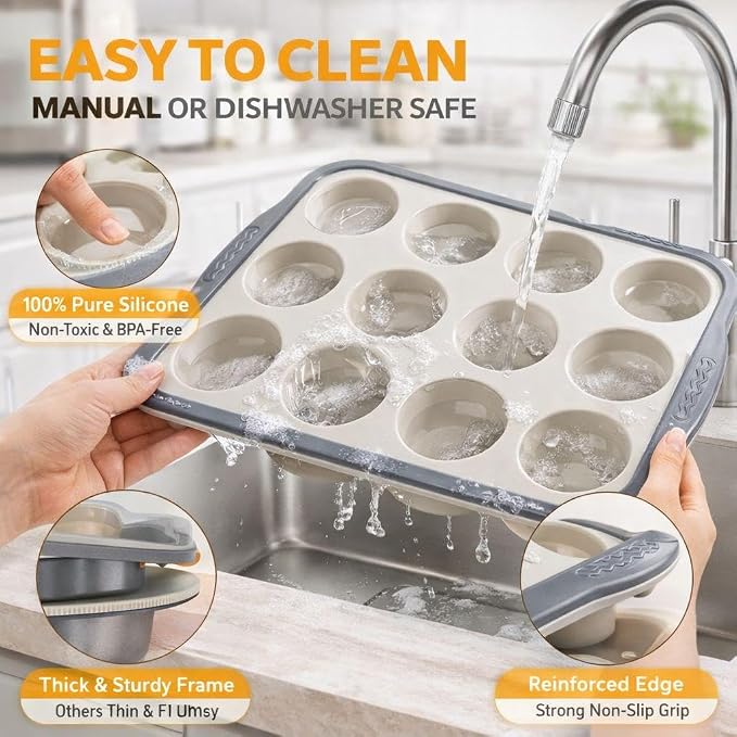 Silicone Muffin Pan 12 Cup, Non Stick Cupcake Baking Mold, Food Grade Heat Resistant Muffin Tray for Oven Baking Cupcakes (Gray)
