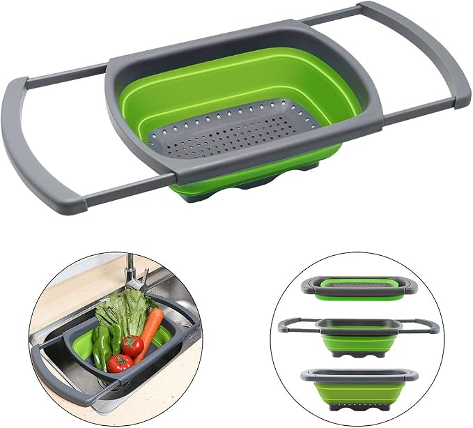 Qimh Colander collapsible, Colander Strainer Over The Sink Vegetable Fruit Strainer Basket (6 Quart) with Extendable Handles, New Kitchen Essentials