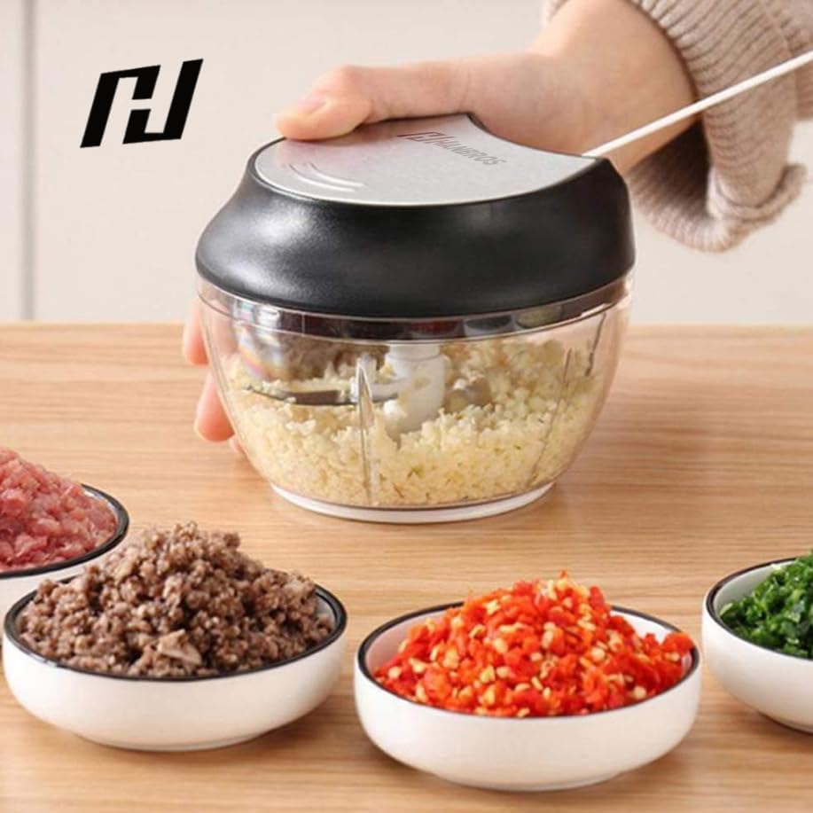 Manual Food Processor Vegetable Chopper, Portable Hand Pull String Garlic Mincer Onion Cutter for Veggies, Ginger, Fruits, Nuts, Herbs, etc., 2 Cup With Egg Batter and Garlic Peeler, W1031-1