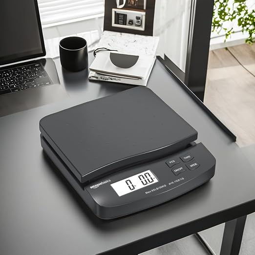 Amazon Basics Digital Postal Shipping Scale with Tare Function, AC Adapter, 65 lb Capacity, 0.1 oz Readability, LCD Display, Black