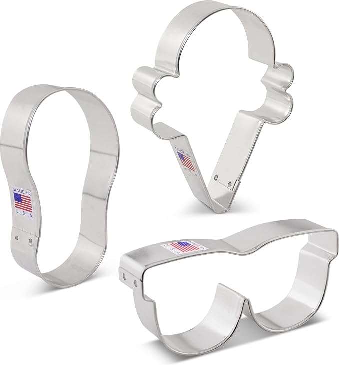 Ann Clark Cookie Cutters Summer Fun Cookie Cutters 3-Pc. Set Made in the USA, Flip Flop, Sunglasses, Ice Cream Cone