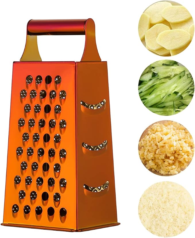 Handheld Cheese Grater Box for Kitchen, Stainless Steel 4 Sided Cheese Grater with Handle for Grinding Shredding & Slicing, Dishwasher Safe (Sunset Red)