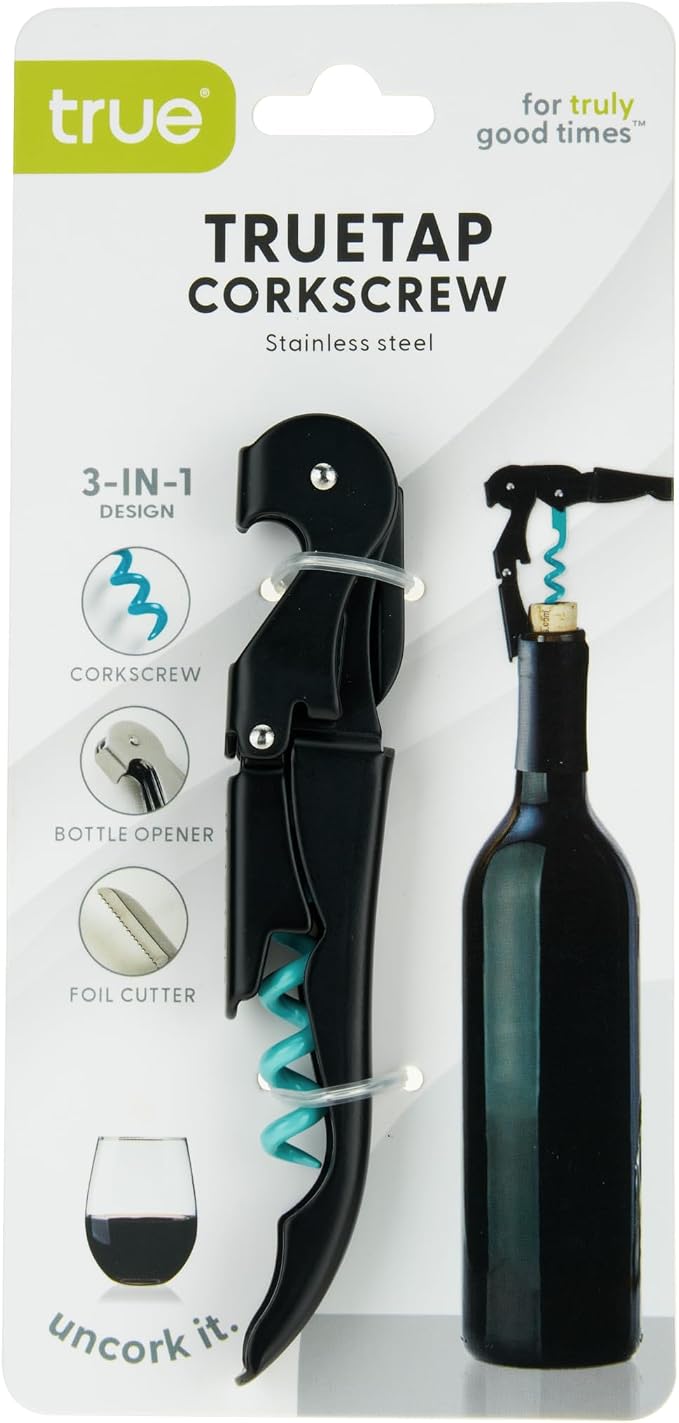 True Truetap Double Hinged Waiter's Corkscrew Wine Opener, Stainless Steel Wine Bottle Opener with Built In Foil Cutter, Home Bar Tools, Bar Cart Accessories, Wedding Gifts, Set of 1, Black Blue