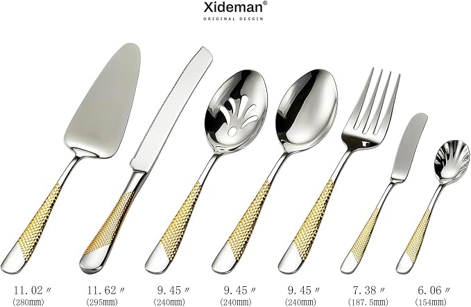 Xideman® 7-Piece Hammered 18/10 Stainless Steel Silverware Serving Utensil Set - Hostess Flatware with Cake Knife & Cake Server (Silver Gold)