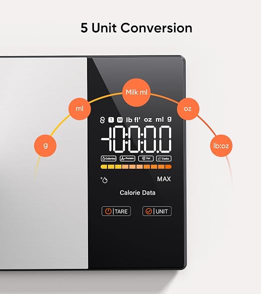 Smart Nutrition Food Scale with LED Display, Tracks Calories, Fat, Carbs & Protein via App, 1g Precision Digital Kitchen Scale for Healthy Eating & Meal Prep