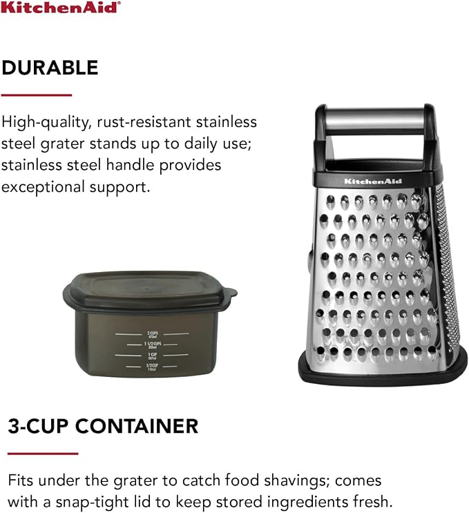 KitchenAid No Mess Citrus Squeezer, One size, Lemon & Gourmet 4-Sided Stainless Steel Box Grater with Detachable Storage Container, 10 inches tall, Black