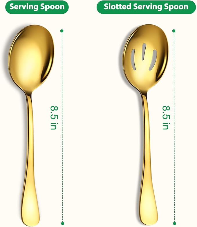 6 Pieces Stainless Steel Serving Spoons Set Includes 3 Spoon, 3 Slotted, for Parties/Buffet/Catering, Dishwasher Safe, 8.5-Inch, Gold