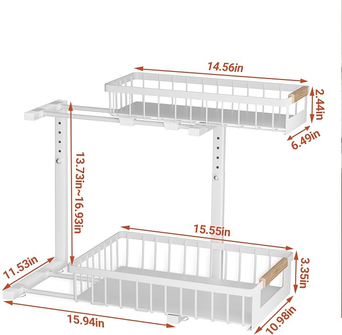 2 Pack Under Sink Organizer, 2 Tier Pull Out Cabinet Organizer with 5-Level Adjustable Height, Sliding Metal Storage Rack for Kitchen Bathroom Pantry, White