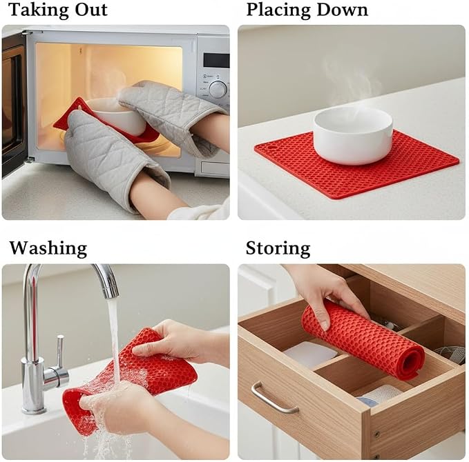 6-Pack Silicone Trivet Mats, Heat Resistant Hot Pads, Dishwasher Safe Kitchen Mats, BPA-Free Pot Holders for Table, Countertop, Stove, Honeycomb Design (Red, 7" Square)