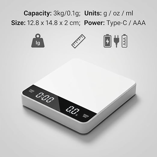 Partyreal Digital Kitchen Coffee Scale,Slim Scale with Tare, g/oz/ml Units, Backlit Display, USB-C Rechargeable (Cable Included) + AAA Backup Power White