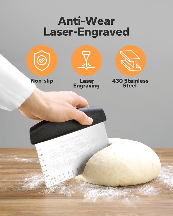 Leaburry Bench Scraper (2 Count), Multi-Purpose Pastry Cutter Tool Dough Scraper for Baking, Stainless Steel Pastry Scraper Dough Cutter with Contoured Grip, Measuring Scale and Conversion Chart