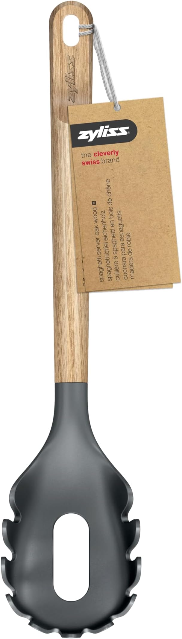 Zyliss Spaghetti Server Oak Wood – Durable Pasta Server with Heat-Resistant PBT Head, Non-Stick Safe Silicone Edge, FSC Oak Handle, Built-In Portion Gap, Perfect for Spaghetti and Long Noodles 11.9"