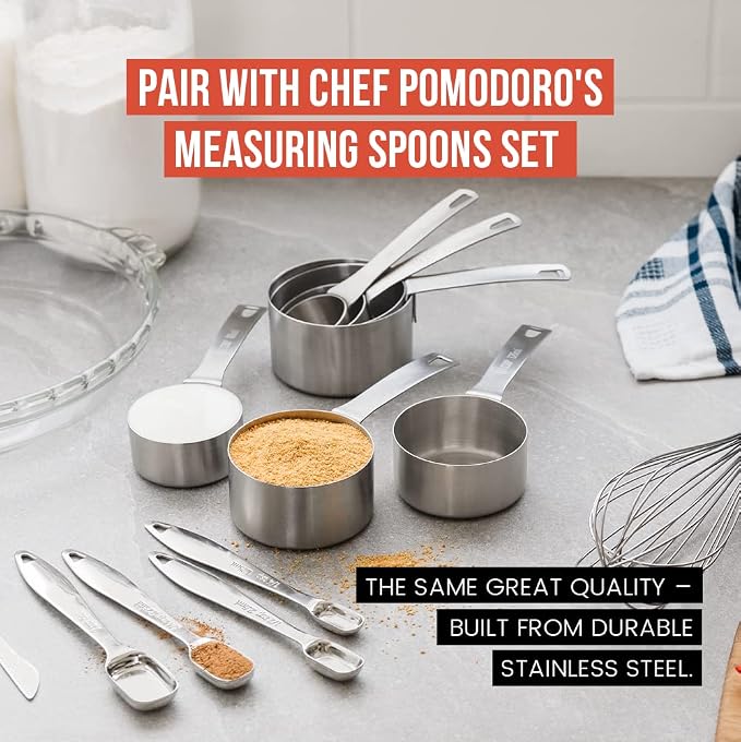 Chef Pomodoro Stainless Steel Measuring Cups, Stackable 7 Pcs Long Handle | Metal Measuring Cups Stainless Steel, Lasered Markings Stainless Measuring Cups Long Handle, Nesting Set with Sorting Ring