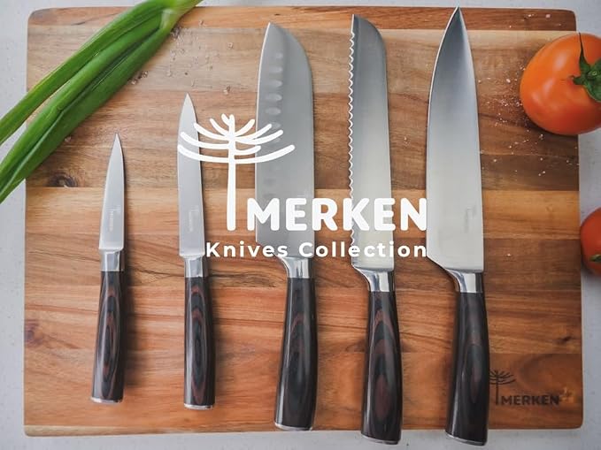 MERKEN Santoku Knife 7 Inch Japanese Multipurpose Kitchen Knife, Pakkawood Handle