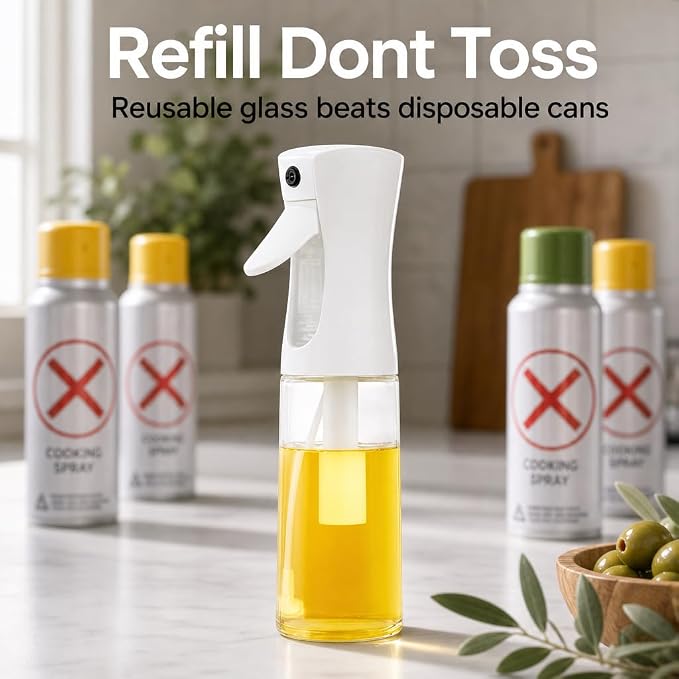 Oilve Oil Sprayer for Cooking - Glass Bottle Spray - 6.7 fl.oz | Fine Mist Mister for Air Fryer, Salad & BBQ Refillable Oil Dispenser for Healthy Meal Prep & Kitchen Organization