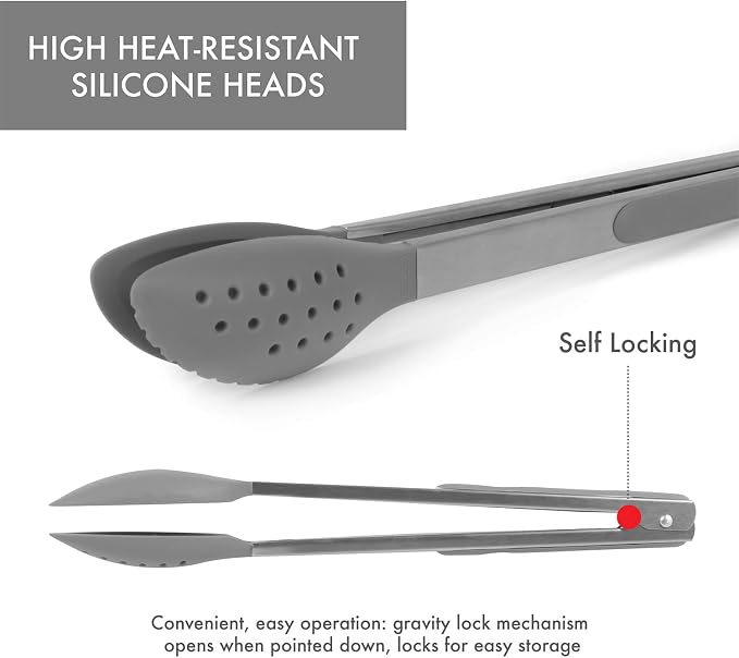 Dexas Spoon & Strain Tongs with Gravity open & Close Operation, 12", Gray